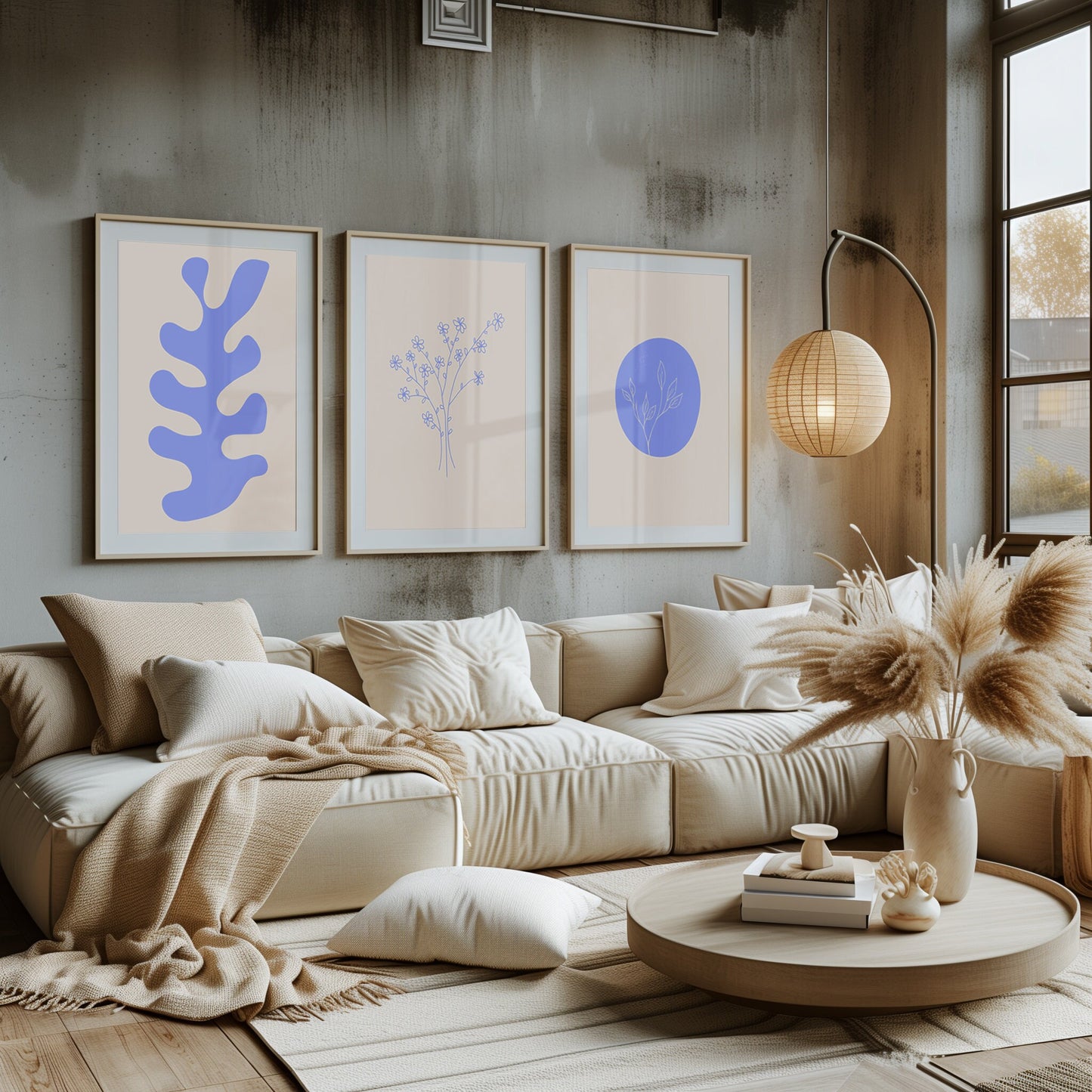 Azure Flora Trio - Chic Blue Botanical Prints Set Against a Neutral Palette for Stylish Minimalist Decor, Blue Artwork Set, Set of Three