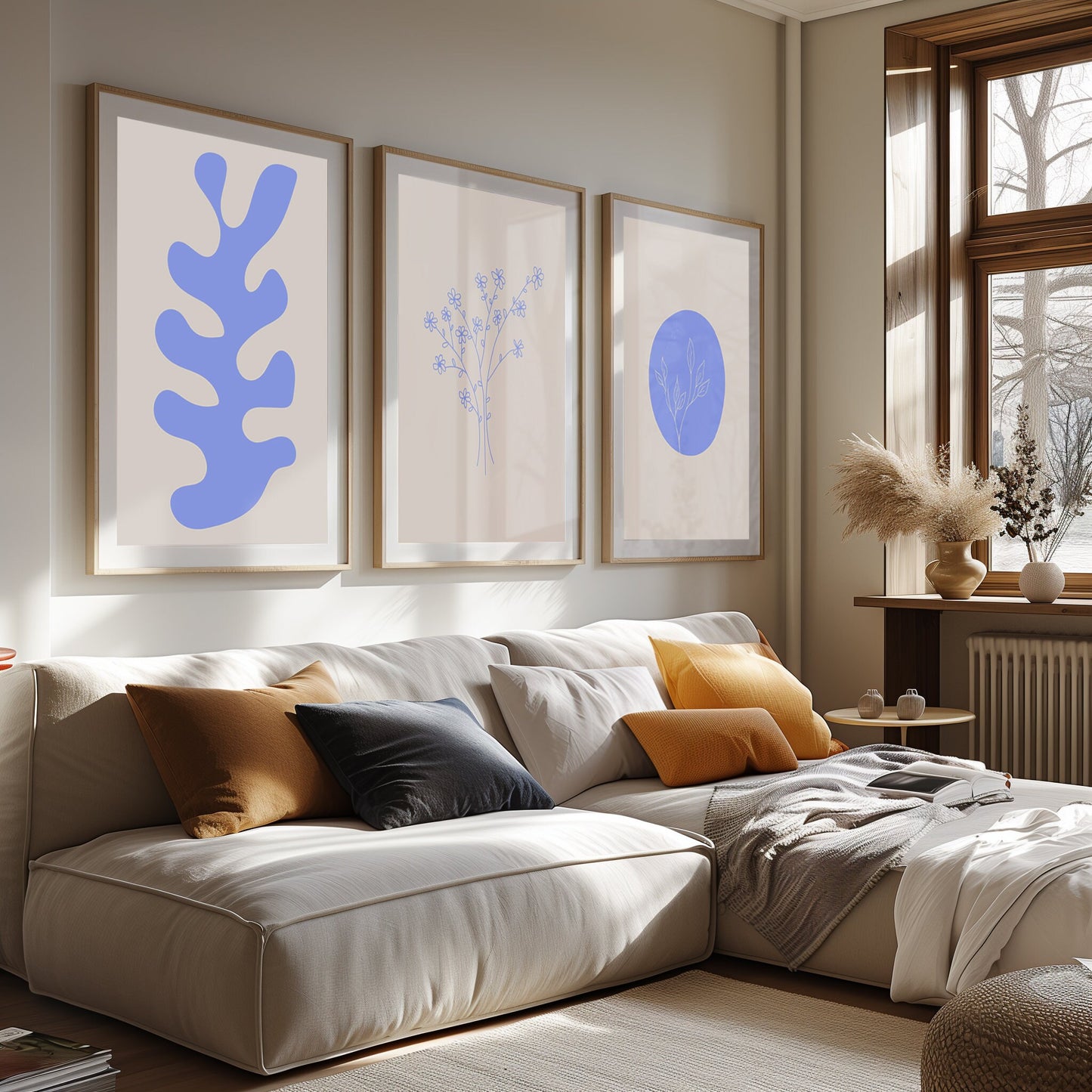 Azure Flora Trio - Chic Blue Botanical Prints Set Against a Neutral Palette for Stylish Minimalist Decor, Blue Artwork Set, Set of Three