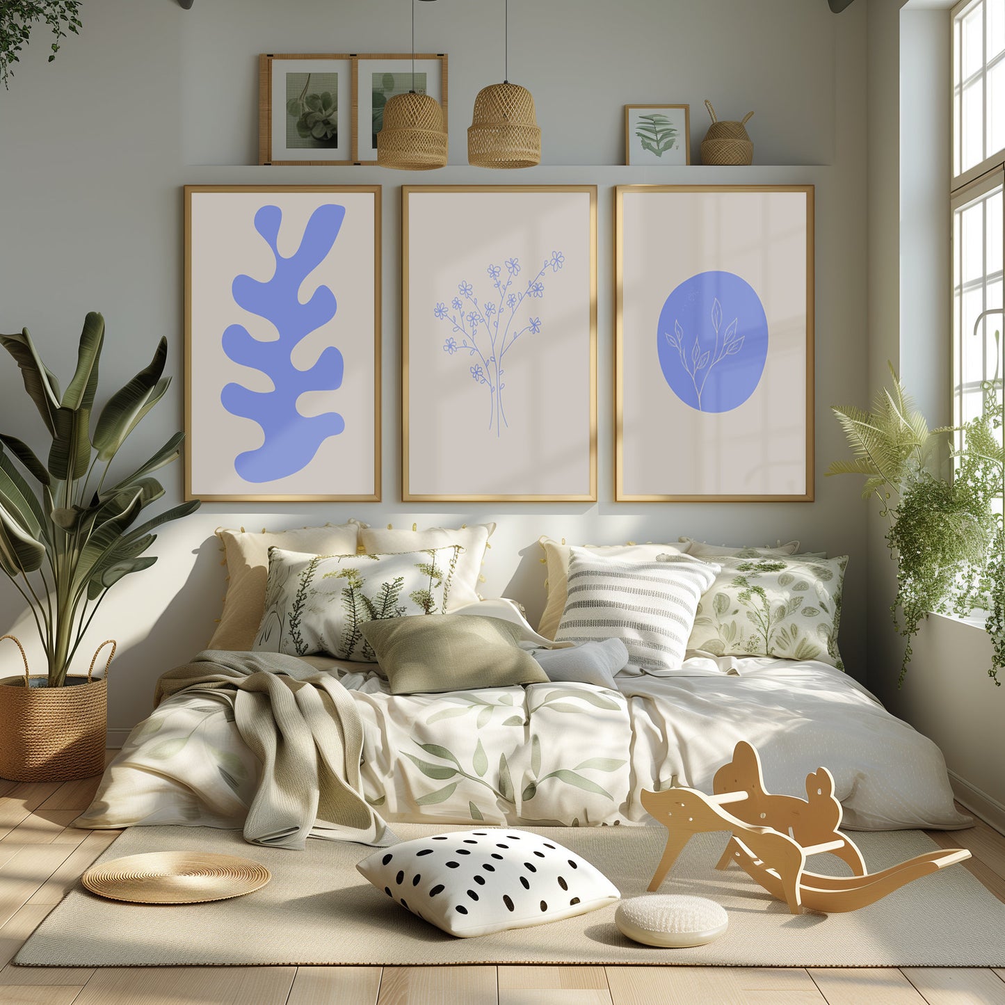 Azure Flora Trio - Chic Blue Botanical Prints Set Against a Neutral Palette for Stylish Minimalist Decor, Blue Artwork Set, Set of Three
