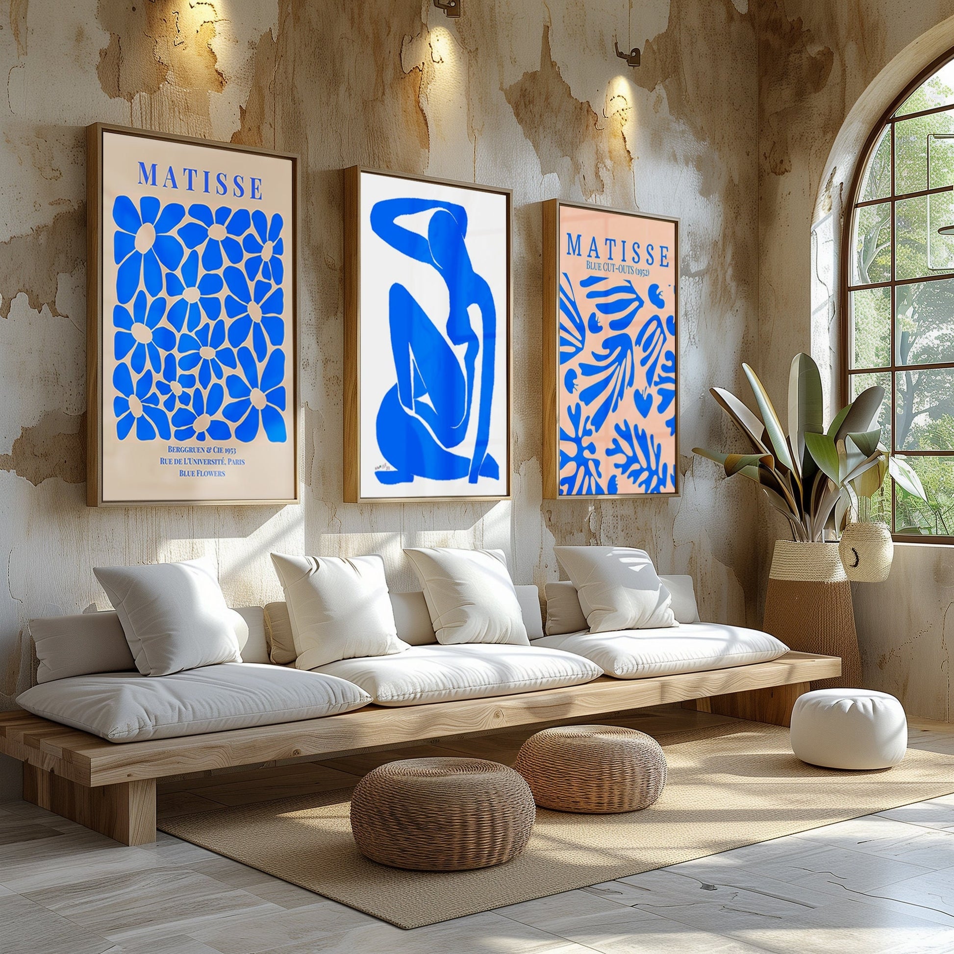 A vivid blue art collection of Bauhaus-inspired waves, a fluid human silhouette, and a &#39;Lucky You&#39; card, creating a dynamic visual statement.