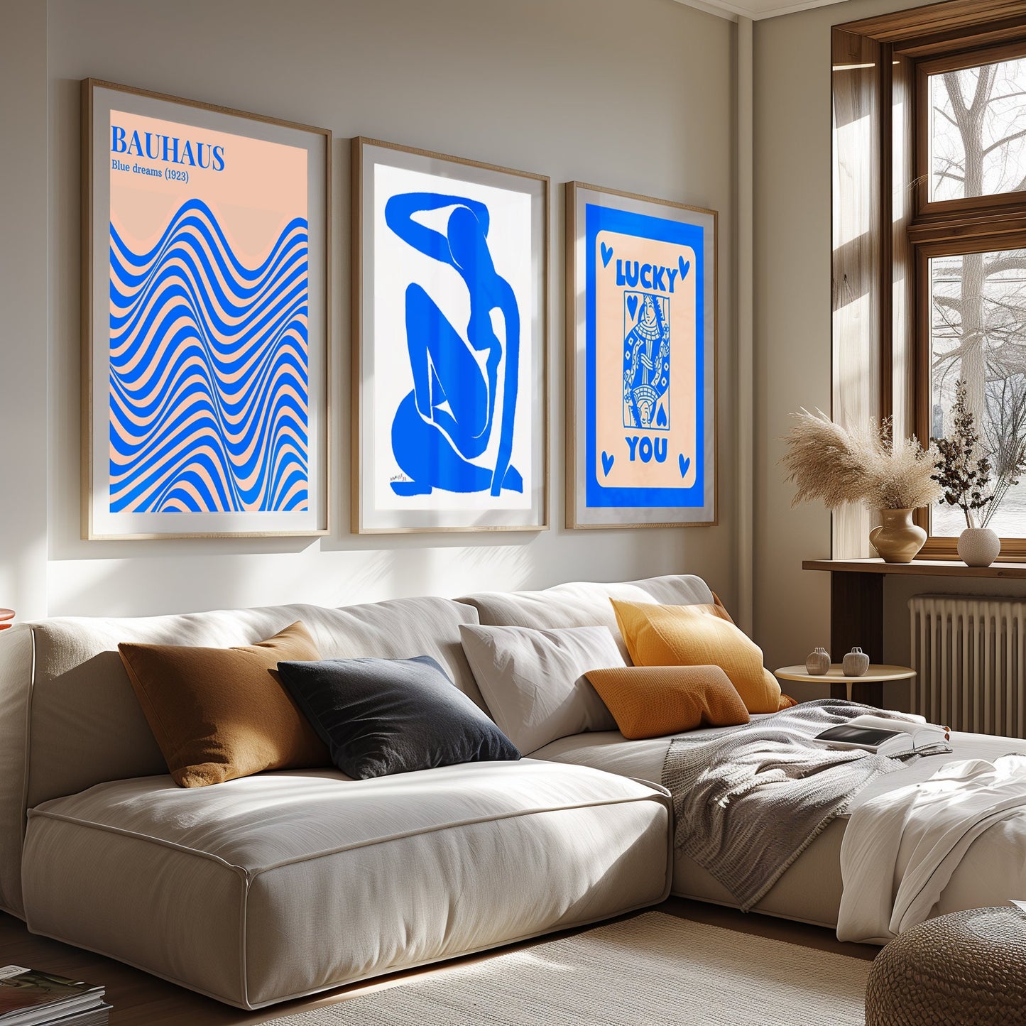 Dynamic Blue Art Set: Bauhaus Inspiration, Graceful Silhouette, & Fortuitous Symbols - Accentuate with Style, Digital Print, Printable Art