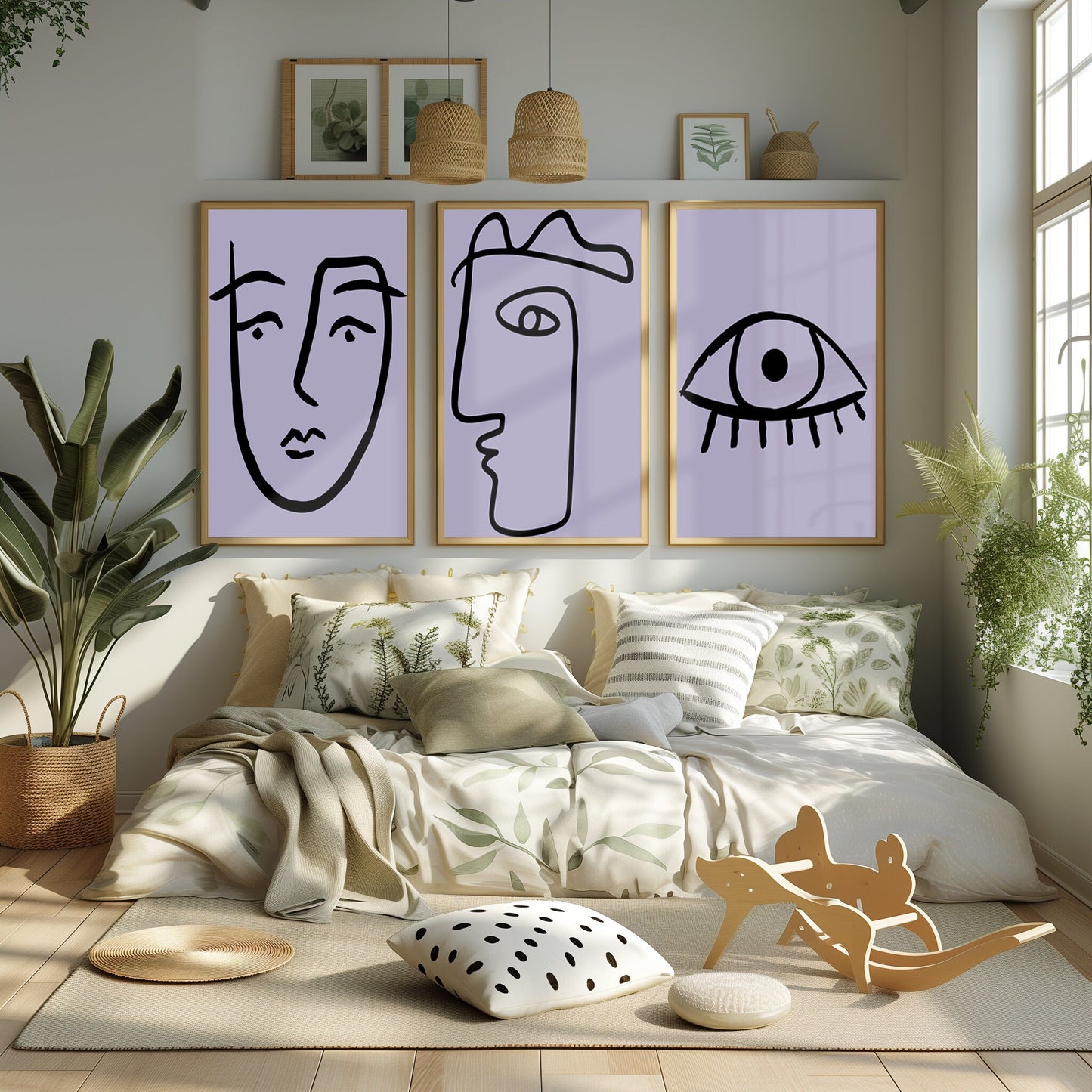 Abstract Faces in Lavender - Minimalist Line Art Trio, Expressive Contours for a Sophisticated Aesthetic, Digital Art Work, Printable Art