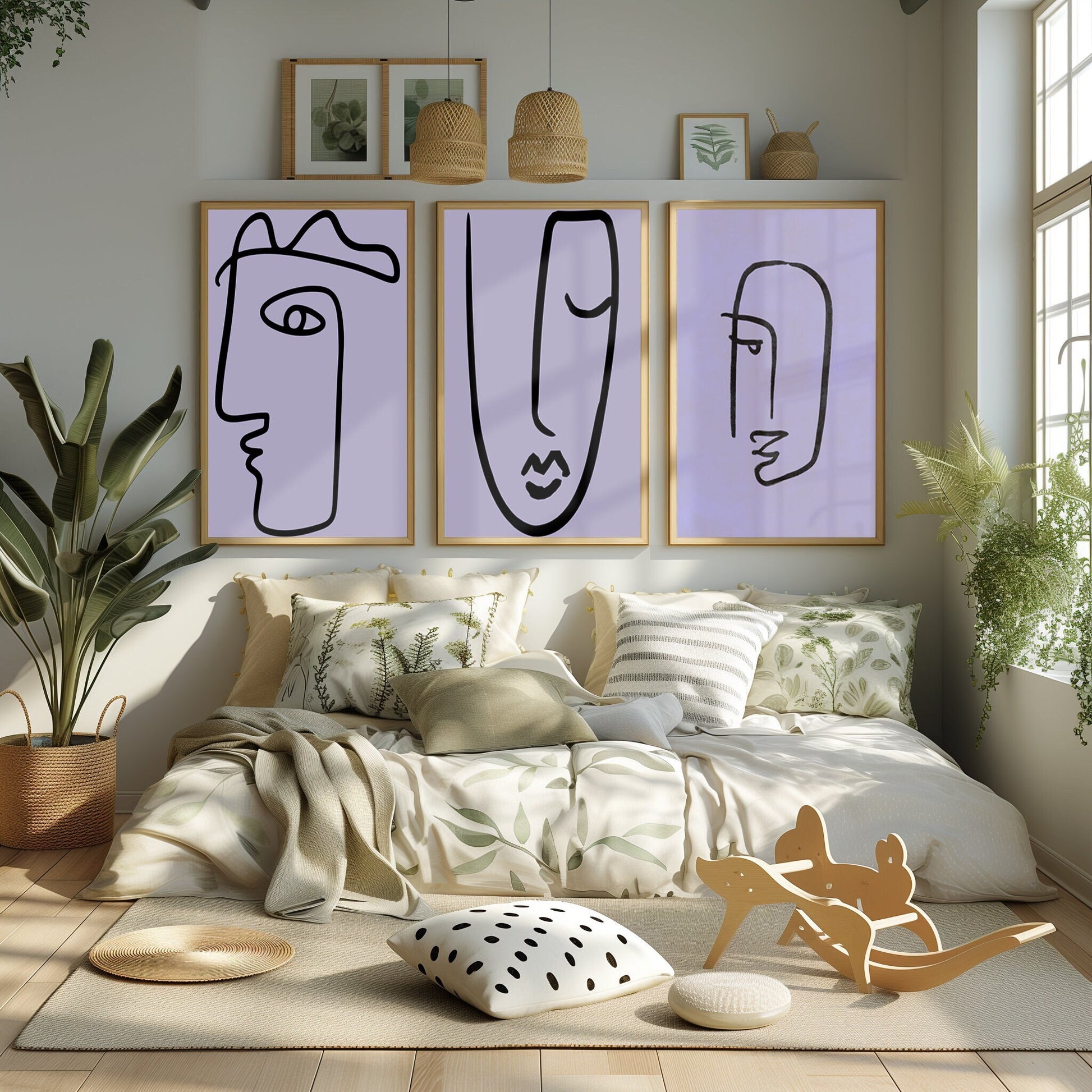 A trio of eloquent pastel purple line art profiles, each conveying character and mood, set in a rustic yet modern living room.