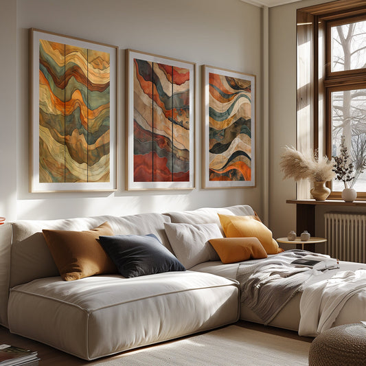 This set of three digital art prints embodies rustic charm and warmth with abstract wavy designs, featuring a palette of earthy tones that evoke a sense of calm.