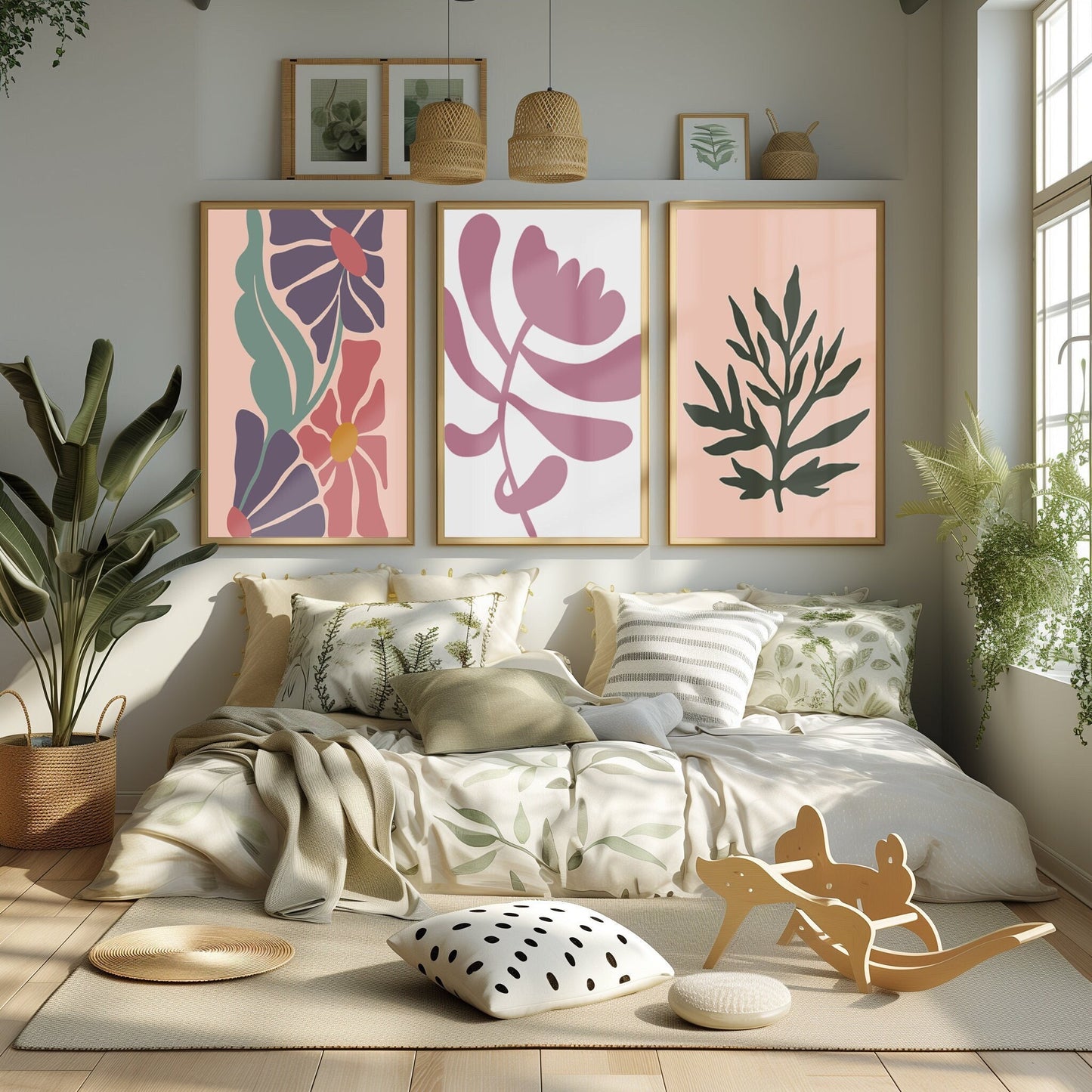 Three abstract botanical prints in warm hues, featuring modern plant silhouettes, elegantly adorning a contemporary living room wall.