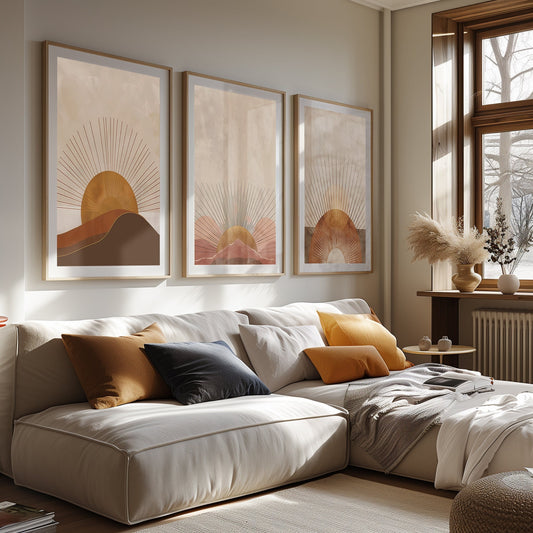 Experience the serene beauty of the dawn with our Radiant Dawn Art Series. This set of three prints captures the majestic sunrise in stylized form, each presenting a unique perspective with radiant lines and warm earthy tones