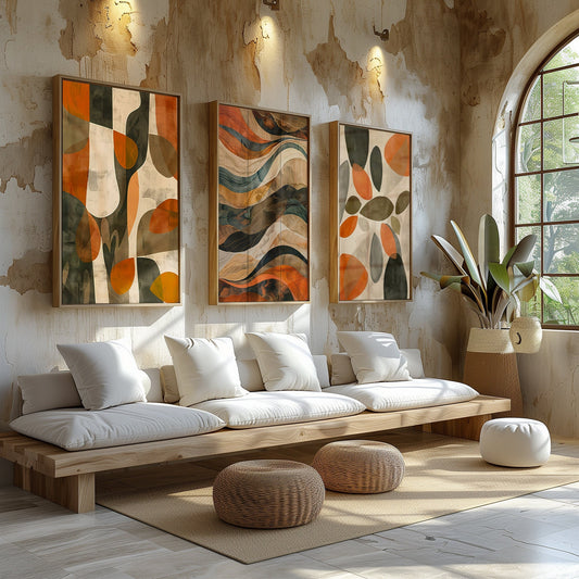 Decorate your living space with our Abstract Nature Series, featuring three art prints that showcase fluid, organic shapes in a vibrant palette of earthy tones. These prints merge abstract art with nature-inspired elements, providing a stylish soul.