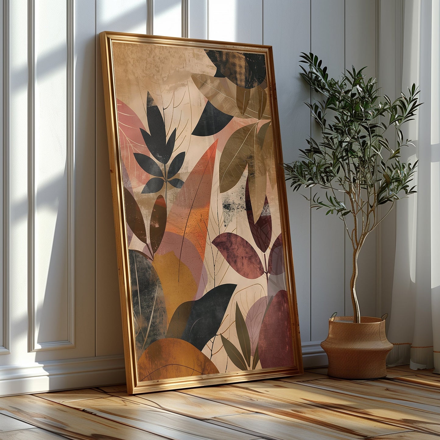 Autumn Whimsy & Harmonic Balance - Abstract Leaf Collage and Elegant Forms, A Warm Artistic Trio, Golden Hour Print