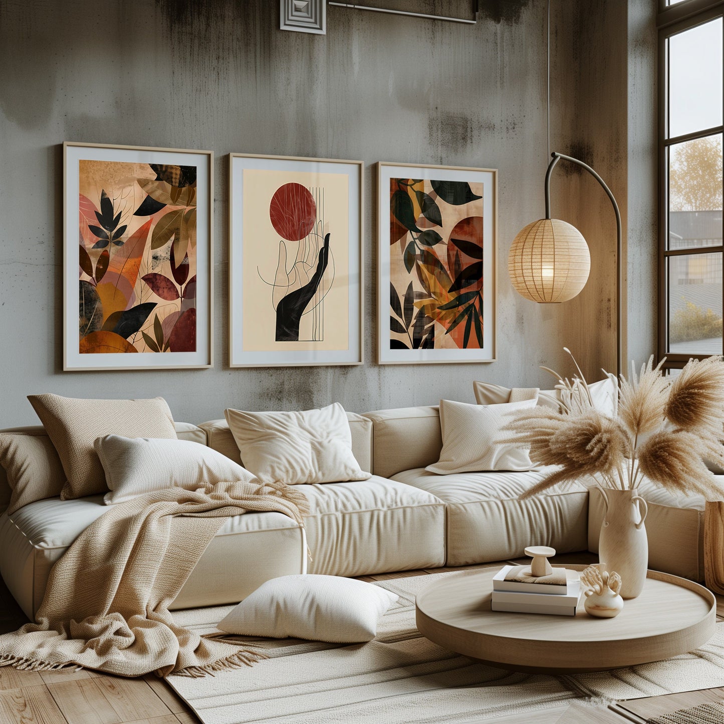 Autumn Whimsy & Harmonic Balance - Abstract Leaf Collage and Elegant Forms, A Warm Artistic Trio, Golden Hour Print