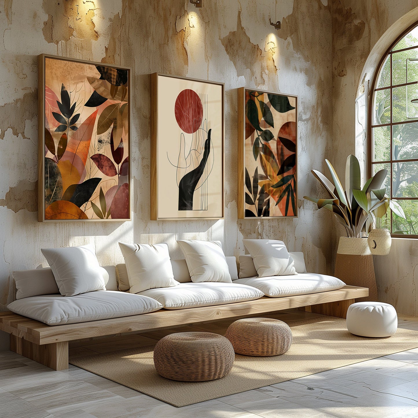 Autumn Whimsy & Harmonic Balance - Abstract Leaf Collage and Elegant Forms, A Warm Artistic Trio, Golden Hour Print