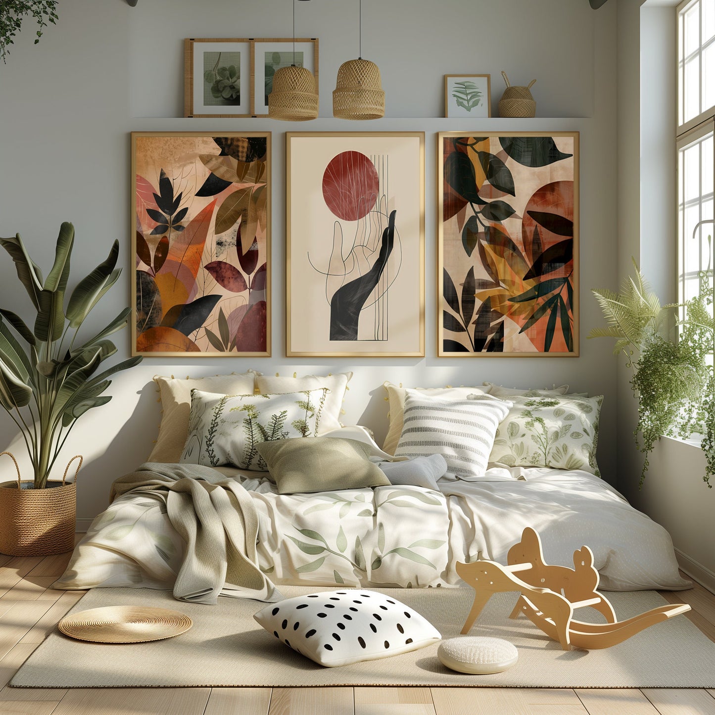Autumn Whimsy & Harmonic Balance - Abstract Leaf Collage and Elegant Forms, A Warm Artistic Trio, Golden Hour Print
