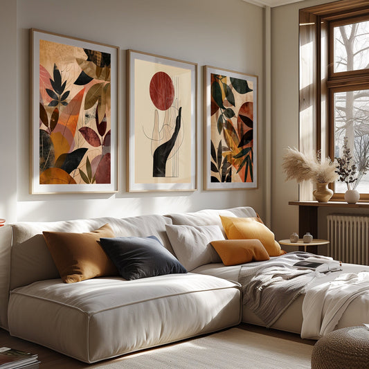 A trio of warm-toned art prints capturing the whimsy of autumn leaves and the harmonic balance of abstract forms, enhancing the rustic charm of the room.