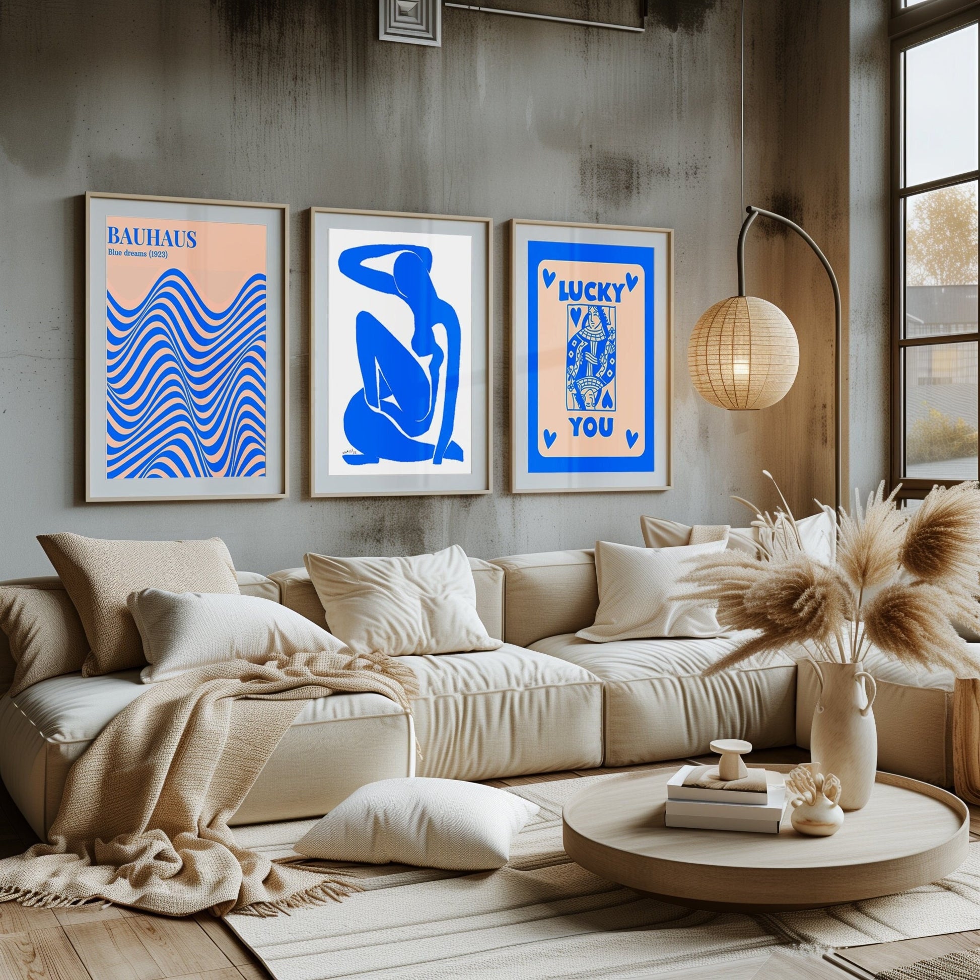 An electrifying set of Bauhaus-inspired waves, a graceful silhouette, and a fortuitous &#39;Lucky You&#39; motif in striking blue hues.