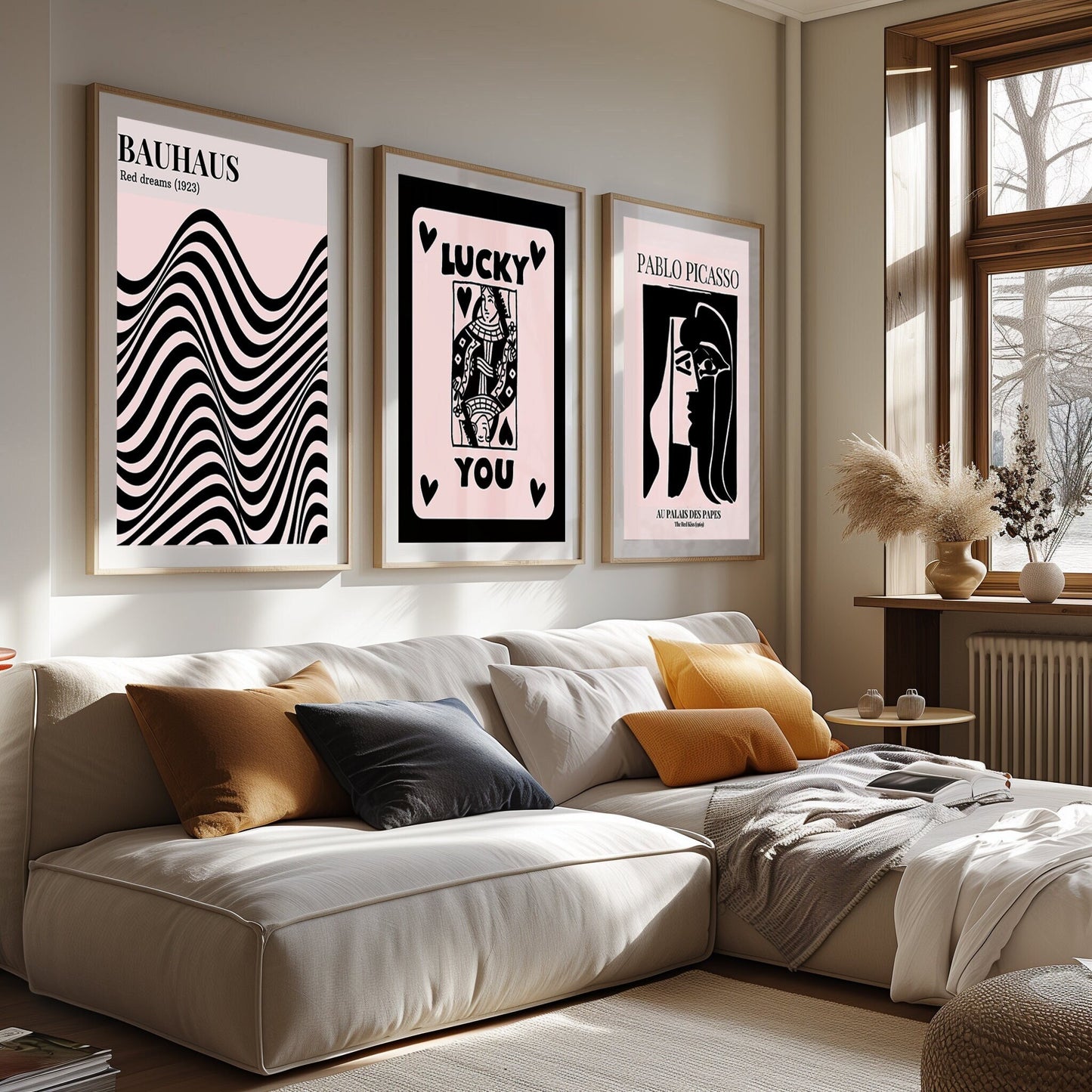 An avant-garde collection of Bauhaus-inspired waves, a whimsical 'Lucky You' graphic, and Picasso's iconic muse, in a contemporary setting.