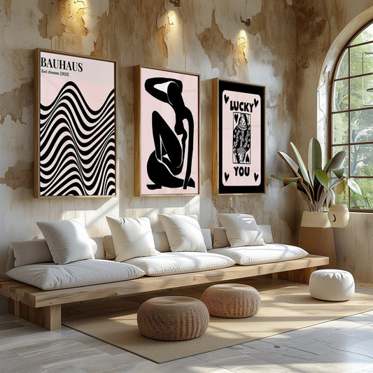 An eclectic mix of Bauhaus-inspired waves, a bold black silhouette, and playful typographic art, in a stylishly curated space.