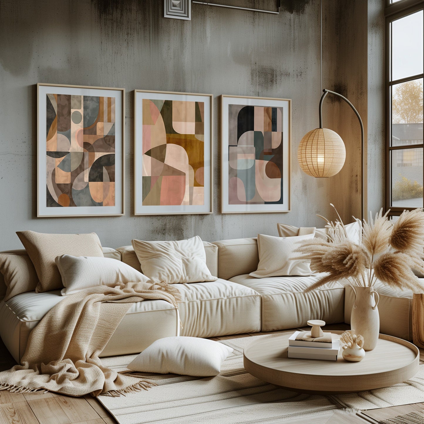 Modern Mosaic: Contemporary Art Triptych, Set of Three Poster, Abstract Warm Tones, Chic & Affordable Home Update,