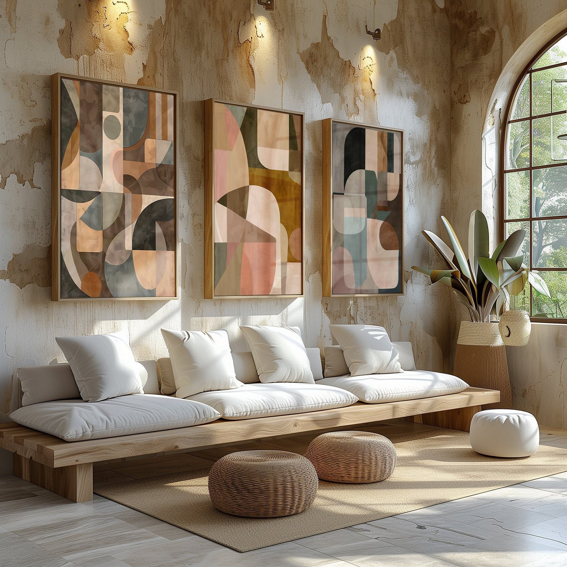 A set of three abstract art prints in warm, earthy tones arranged in a modern, chic living room. Each piece features a unique, geometric design that complements the contemporary space, accentuated by natural textures and a soft color scheme.