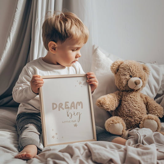 Personalized nursery wall art with the quote &quot;Dream Big Little One&quot; in a soothing design, perfect for custom kids room decor. Available as an instant digital download.