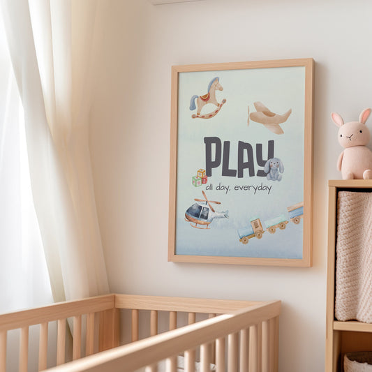 Nursery wall art featuring the quote &quot;Play all day, everyday&quot; with playful toy illustrations, perfect for kids room decor. Available as an instant digital download.