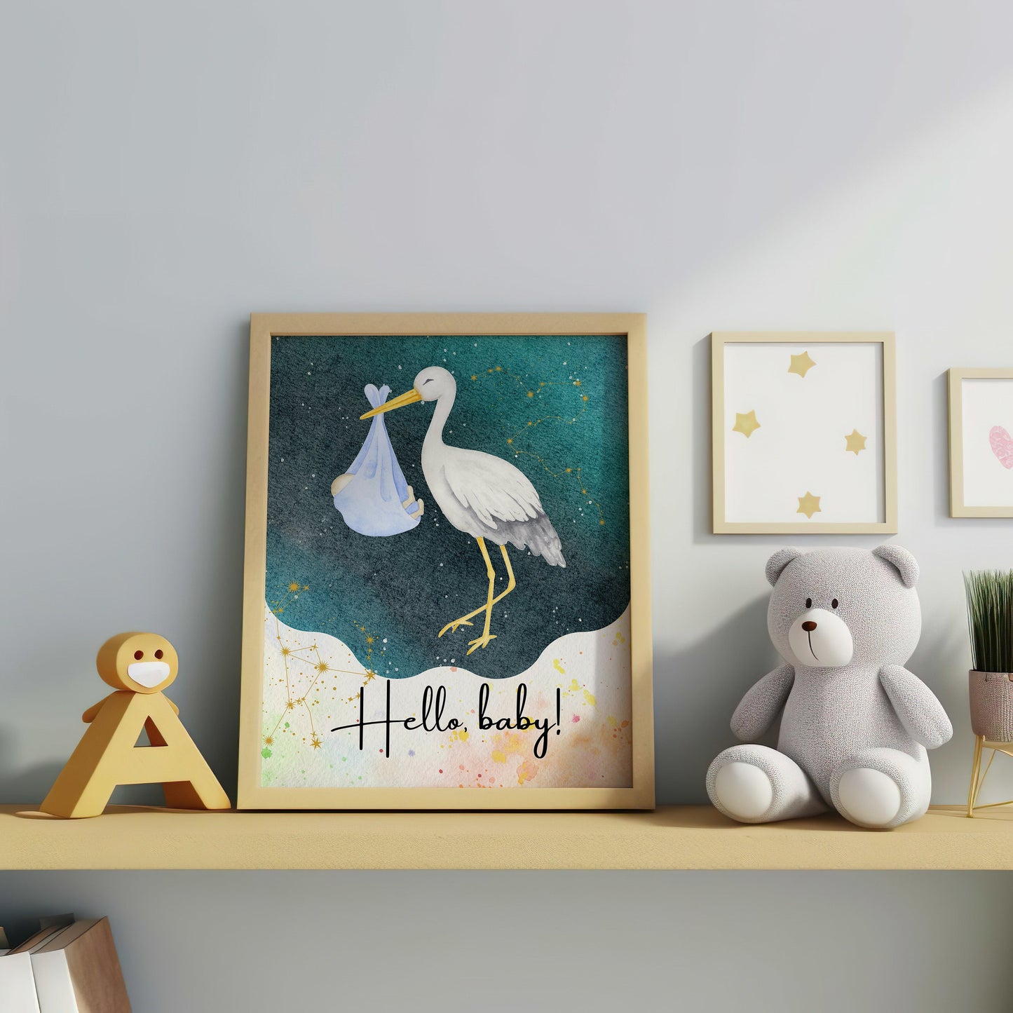 Nursery Poster, Kids Room Decor, Stork Wall Art, Newborn Wall Print, Safari Baby Animal, Digital Art, Neutral Baby Girl & Boy Room Prints