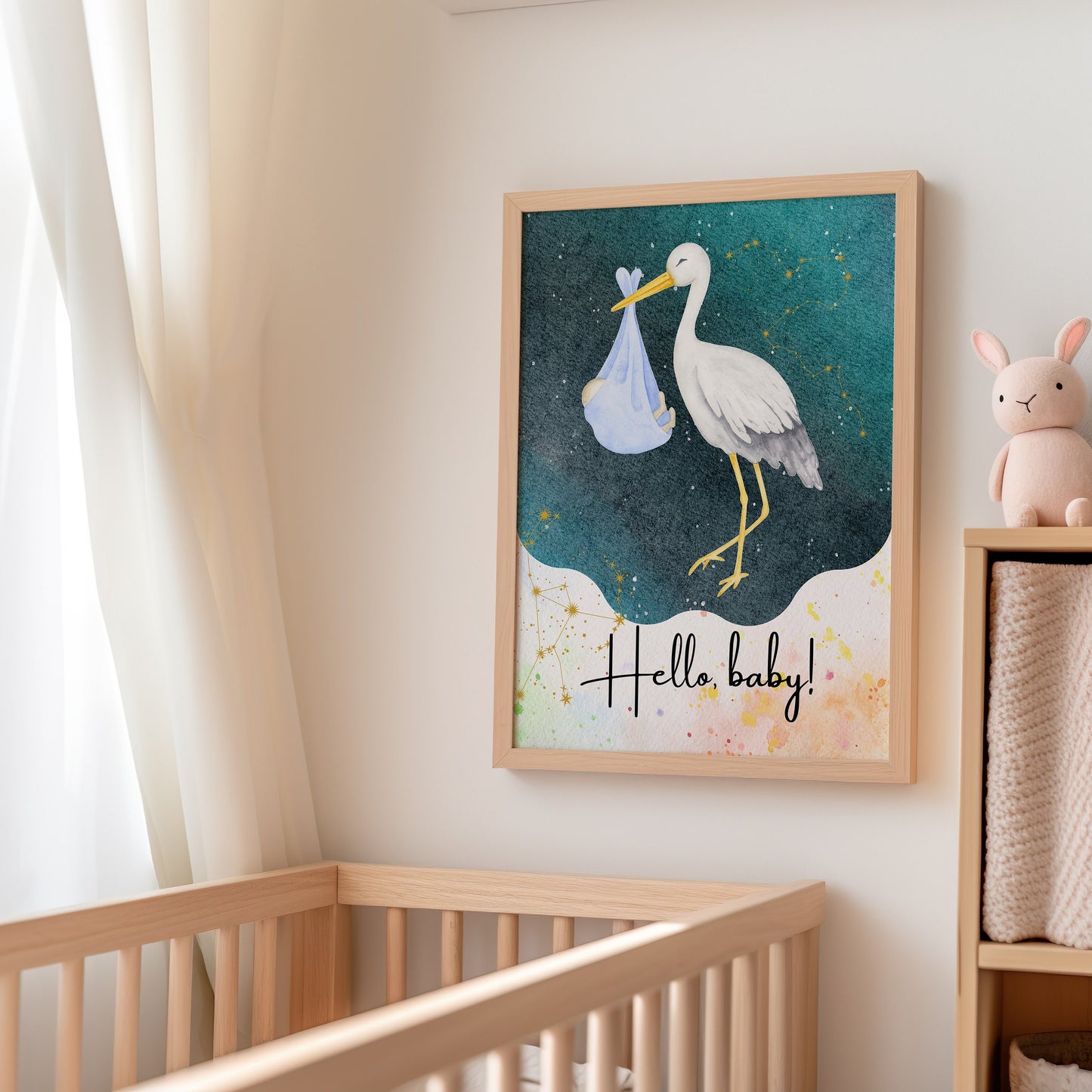 Nursery Poster, Kids Room Decor, Stork Wall Art, Newborn Wall Print, Safari Baby Animal, Digital Art, Neutral Baby Girl & Boy Room Prints