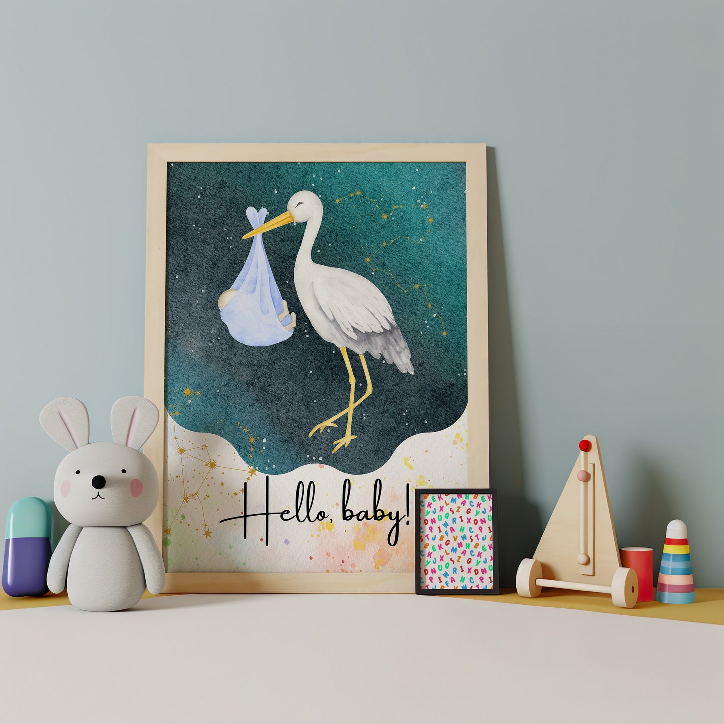 Nursery Poster, Kids Room Decor, Stork Wall Art, Newborn Wall Print, Safari Baby Animal, Digital Art, Neutral Baby Girl & Boy Room Prints