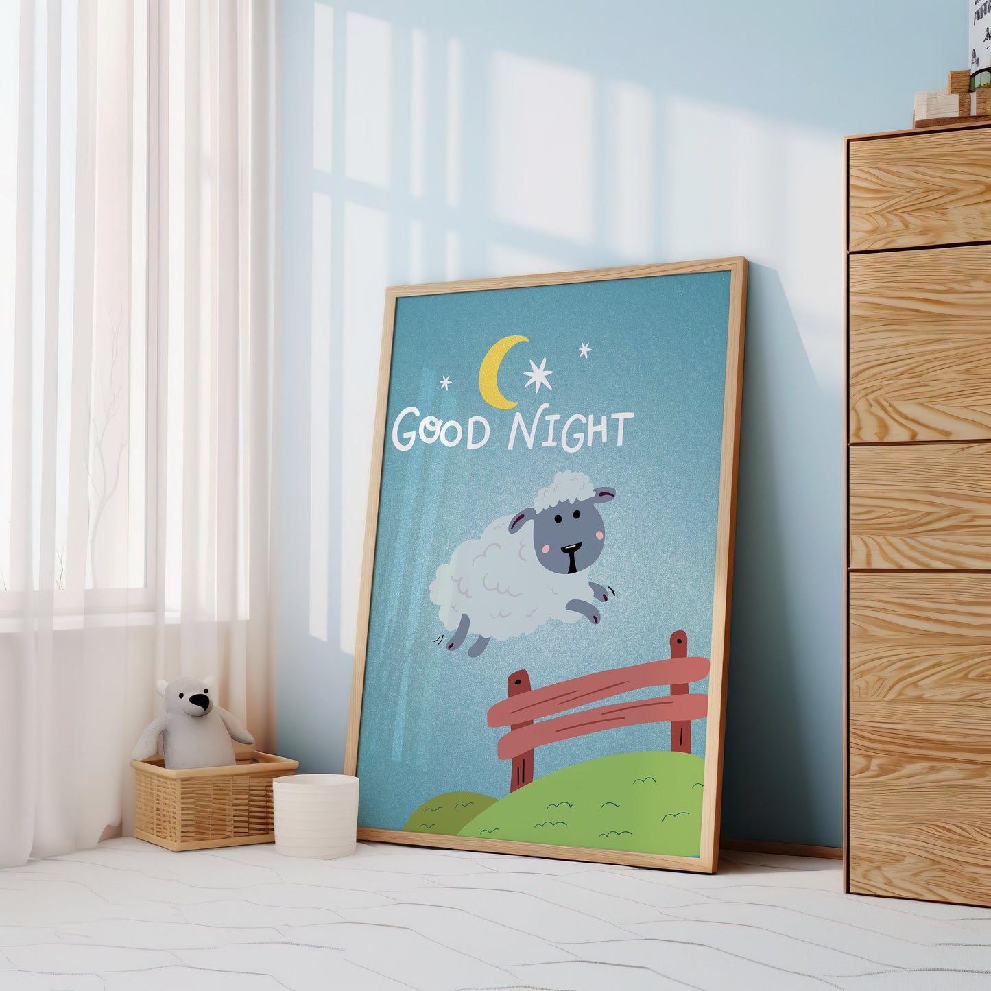 Good Night Print, Animal Sheep Print, Nursery Art, Kids Room Decor, Sheep Wall Art, Bedtime Quote Print, Poster, Digital Poster