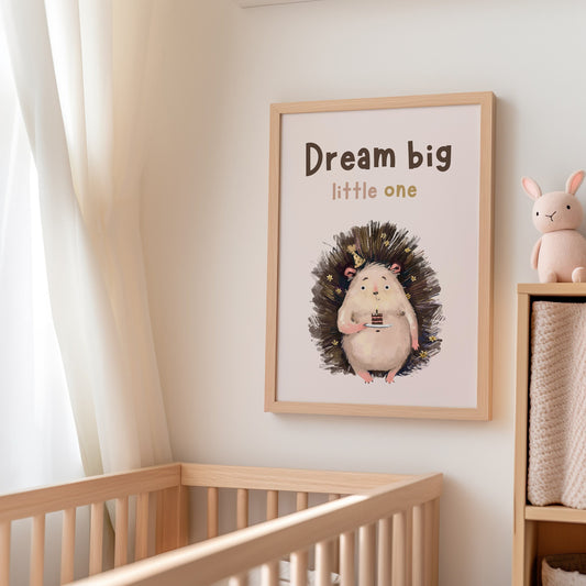 Nursery wall art featuring a cute hedgehog with the quote &quot;Dream Big Little One,&quot; perfect for kids room and nursery decor. Available as an instant digital download.