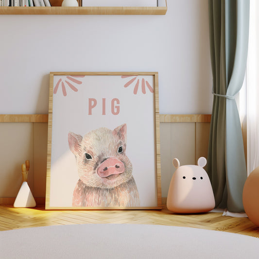 Nursery wall art featuring a detailed piglet illustration with the word &quot;Pig,&quot; perfect for kids room and nursery decor. Available as an instant digital download.