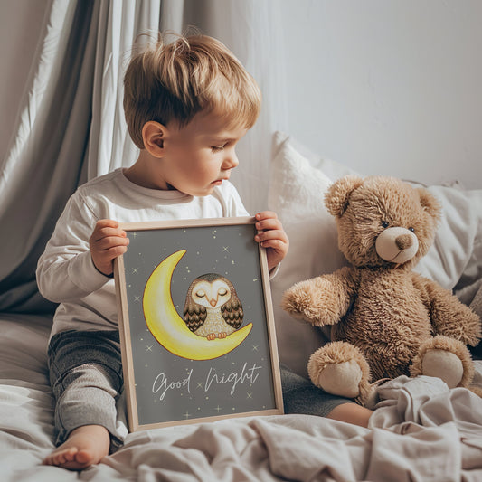 A cute nursery wall art featuring a sleepy owl perched on a crescent moon with the text &quot;Good Night,&quot; ideal for kids&#39; room and bedtime decor. Available as an instant digital download.