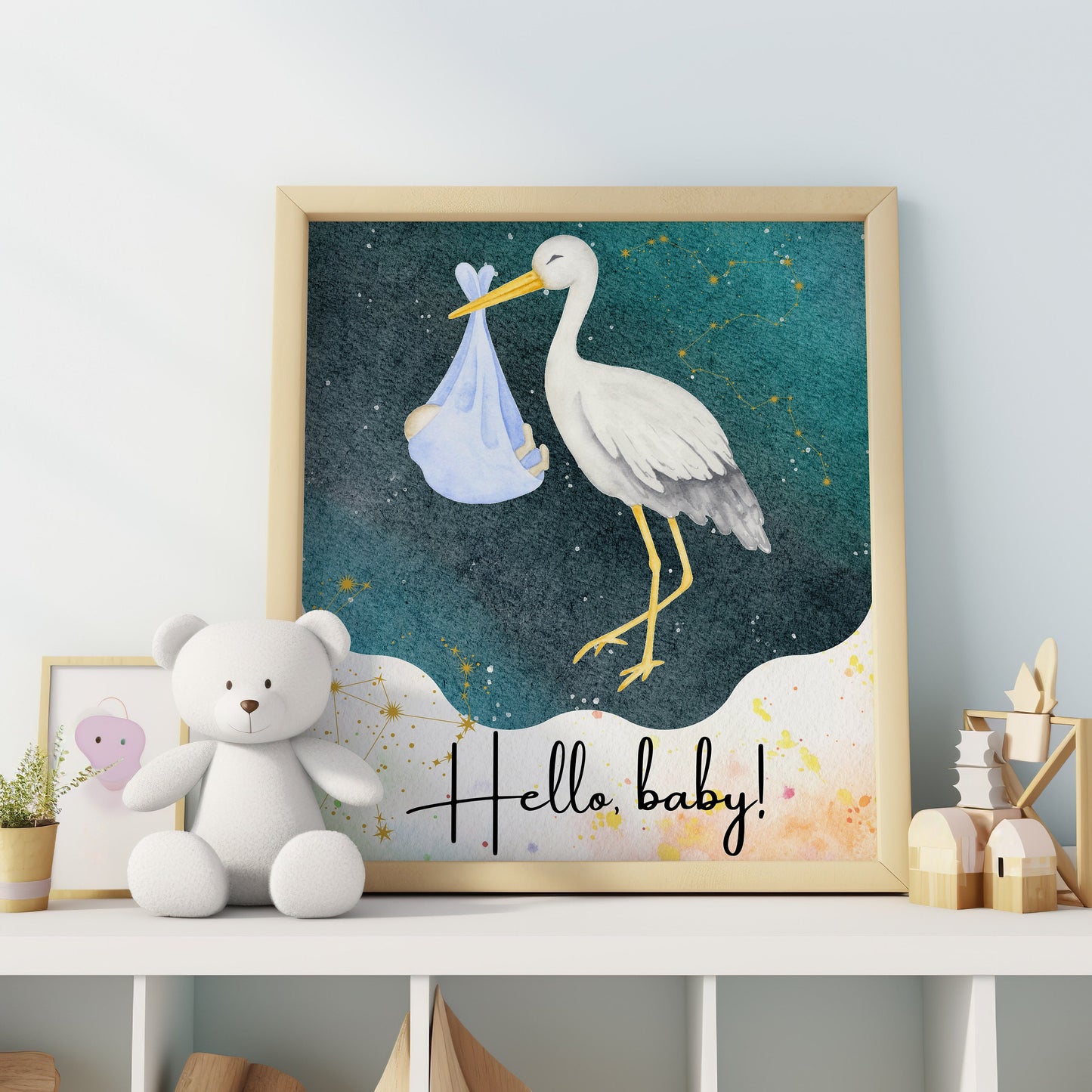 Nursery Poster, Kids Room Decor, Stork Wall Art, Newborn Wall Print, Safari Baby Animal, Digital Art, Neutral Baby Girl & Boy Room Prints