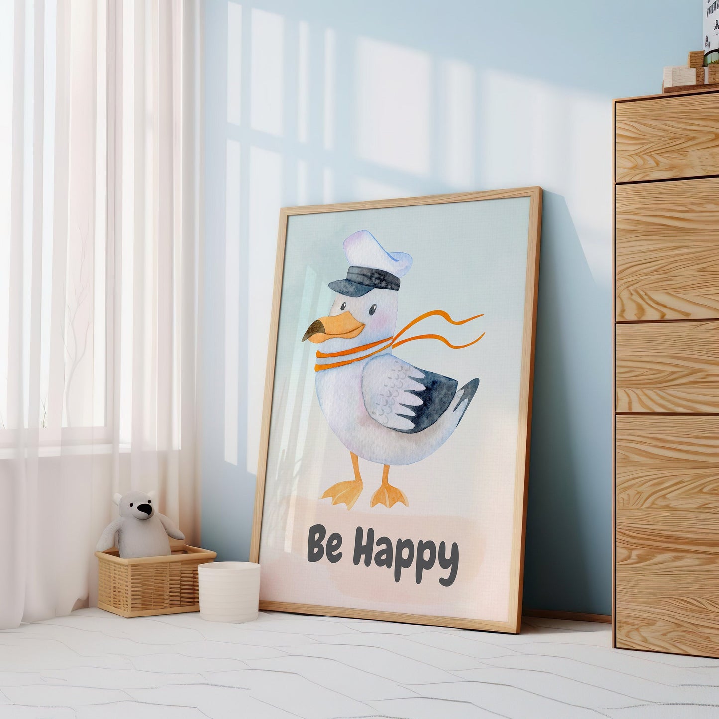 Nursery wall art featuring a cheerful seagull with the quote &quot;Be Happy,&quot; perfect for kids room and nursery decor. Available as an instant digital download.