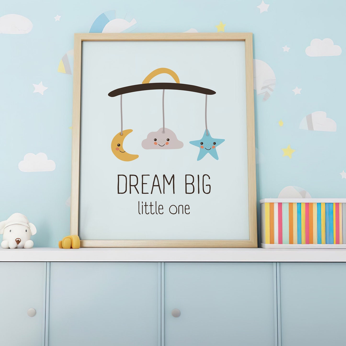 Nursery wall art featuring cute moon, cloud, and star with the quote &quot;Dream Big Little One,&quot; perfect for kids room and nursery decor. Available as an instant digital download.