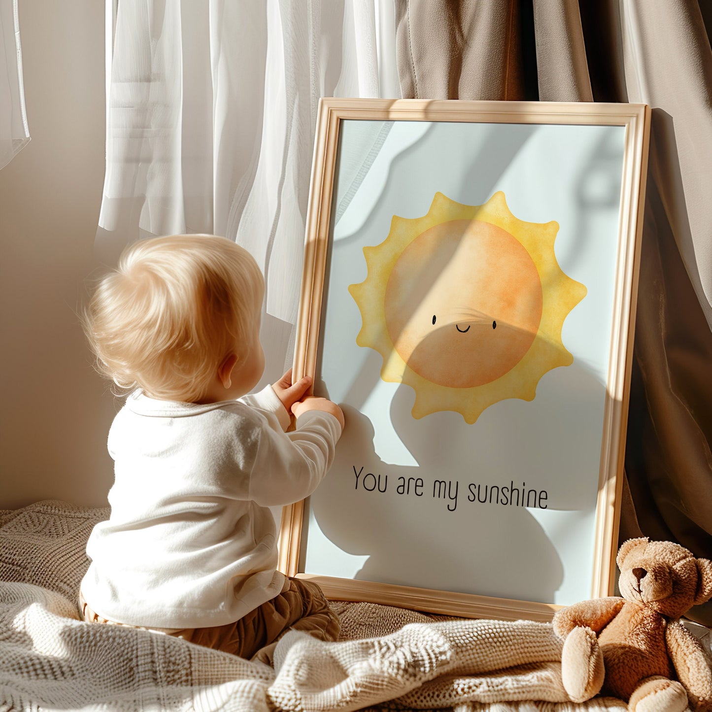 Nursery wall art featuring a cute sun with the quote &quot;You Are My Sunshine,&quot; perfect for kids room and nursery decor. Available as an instant digital download.