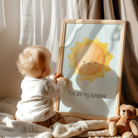 Nursery wall art featuring a cute sun with the quote &quot;You Are My Sunshine,&quot; perfect for kids room and nursery decor. Available as an instant digital download.