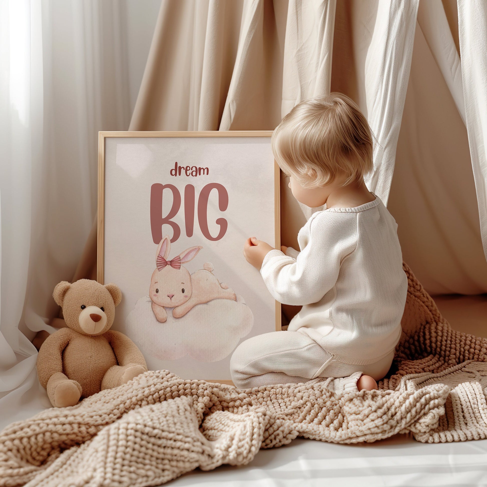 Nursery wall art featuring a cute bunny on a cloud with the quote &quot;Dream Big,&quot; perfect for kids room and nursery decor. Available as an instant digital download.