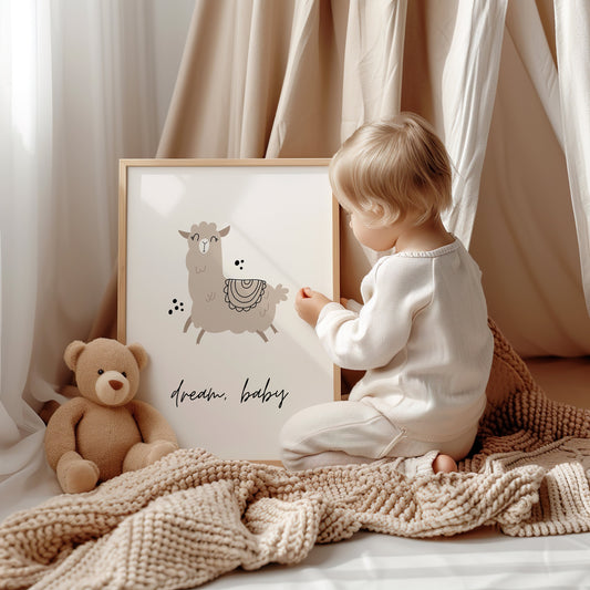 Nursery wall art featuring a cute llama with the quote &quot;Dream Baby,&quot; perfect for kids room and nursery decor. Available as an instant digital download.