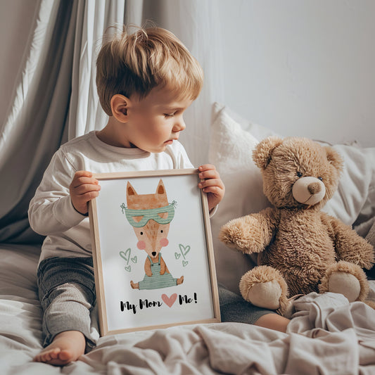 Nursery wall art featuring a cute fox with the quote &quot;My Mom Loves Me,&quot; perfect for kids room and nursery decor. Available as an instant digital download.