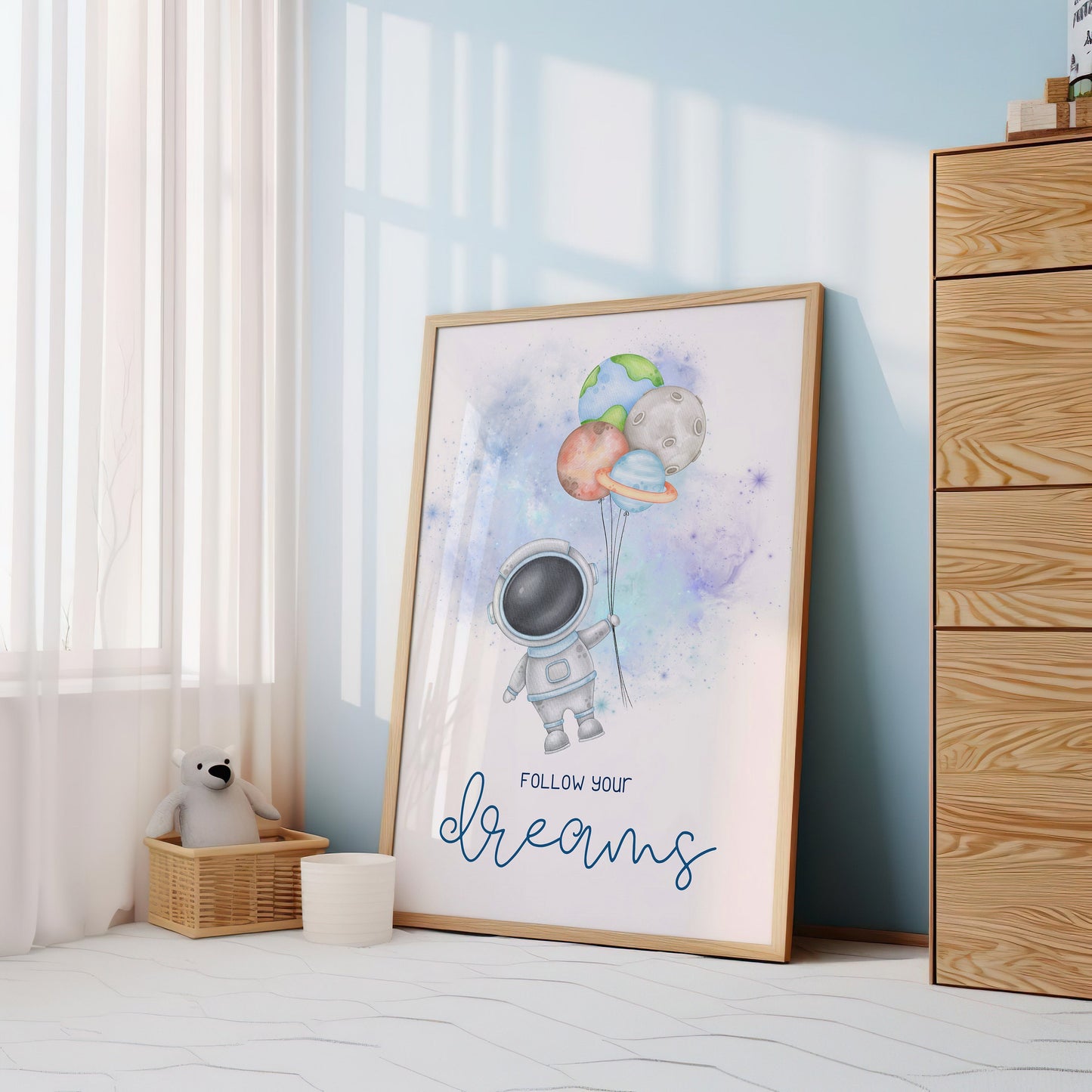 Space Nursery Art, Astronaut Kids Room Decor, Space Wall Art, Follow Your Dreams Print, Modern Nursery, Baby Room Decor, Cute Space Art