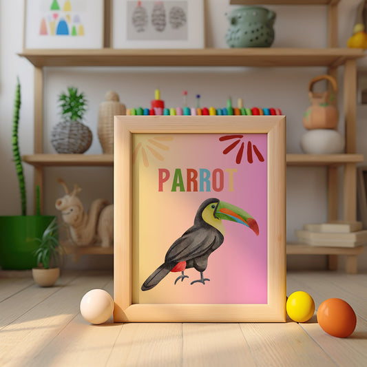 A vibrant nursery wall art featuring a colorful parrot, perfect for kids&#39; room decor and bringing a tropical touch. Available as an instant digital download.