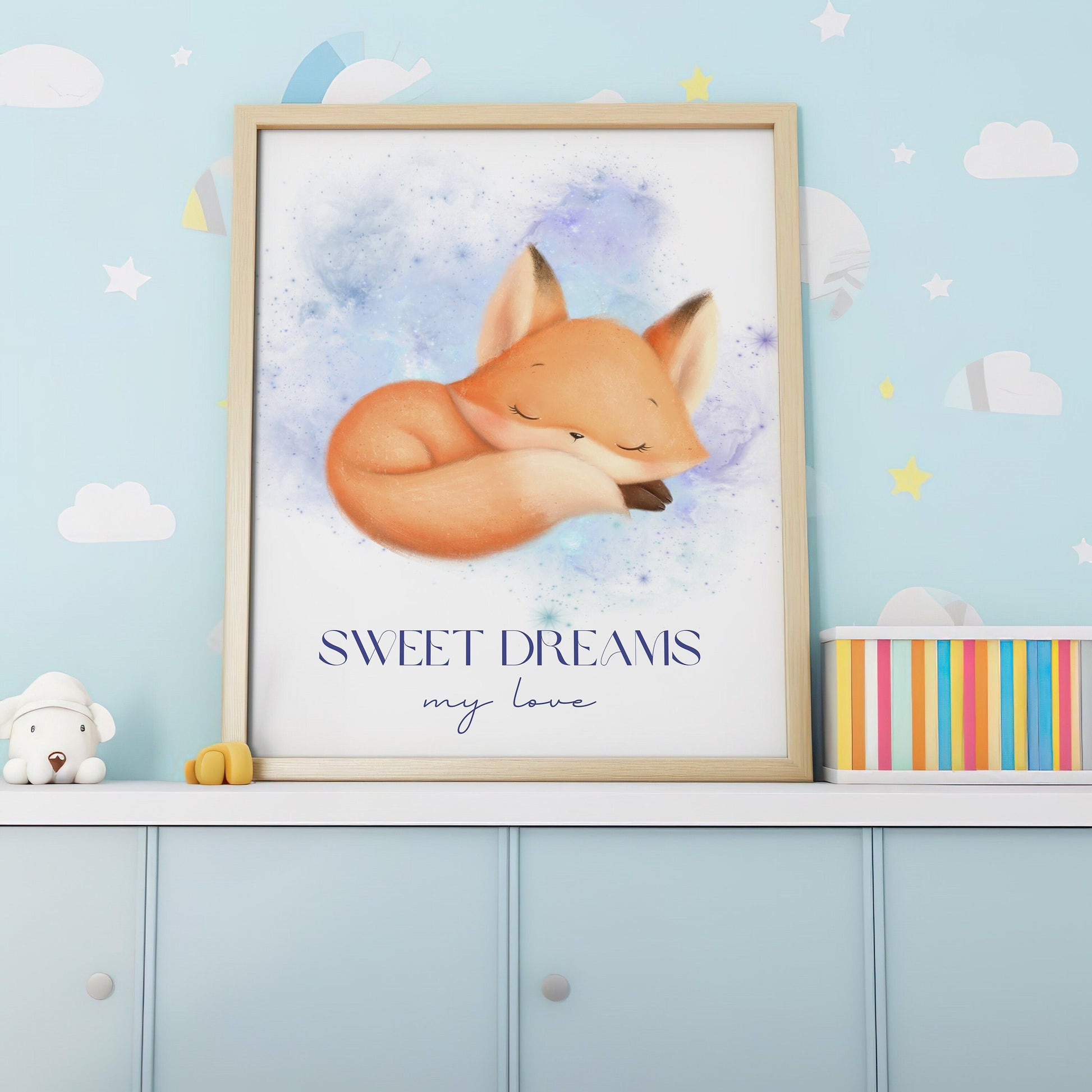 A charming nursery wall art featuring a sleeping fox with the text &quot;Sweet Dreams My Love,&quot; perfect for kids&#39; room decor. Available as an instant digital download.