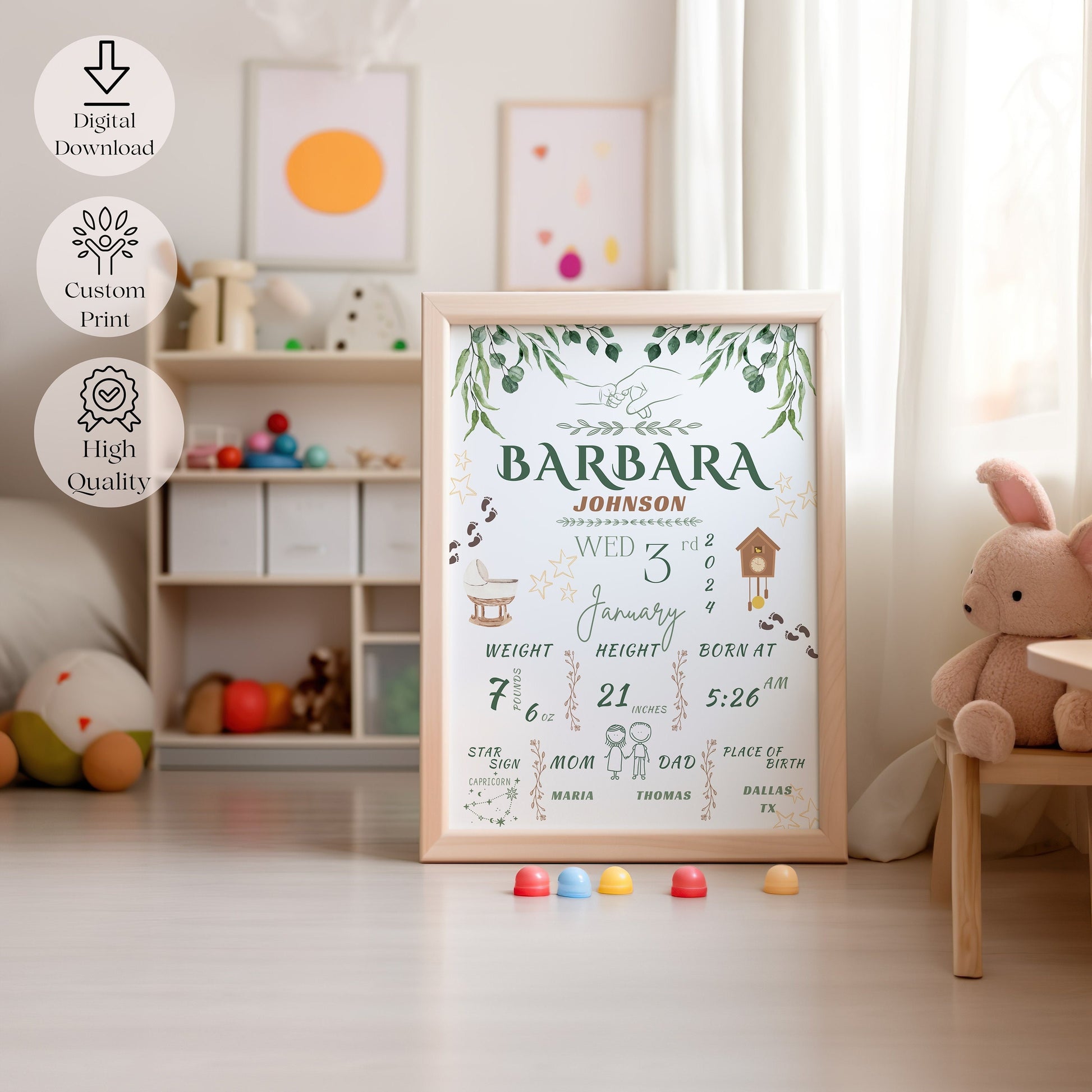 Personalized nursery wall art with custom baby birth announcement details, including baby&#39;s name, birth date, weight, height, and parents&#39; names, framed and displayed in a nursery setting.