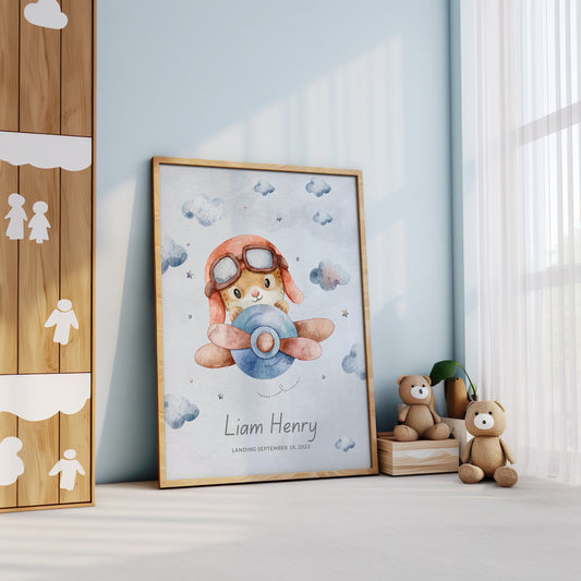 Personalized baby boy nursery print featuring an airplane pilot animal with the name Liam Henry and birth details.