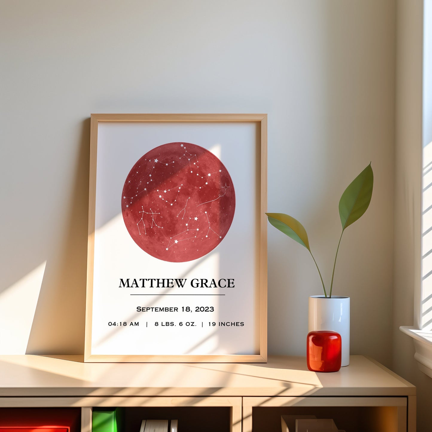 Custom birth poster featuring constellations and personalized baby details, available in multiple colors, perfect for nursery decor, printed poster.