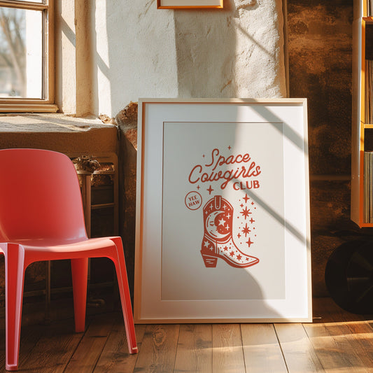 Vintage Western boot poster with Space Cowgirls Club theme, perfect for nostalgic home decor, printed poster.Retro Western Space Cowgirls poster with vintage boot design, perfect for classic retro style decor, printed poster.