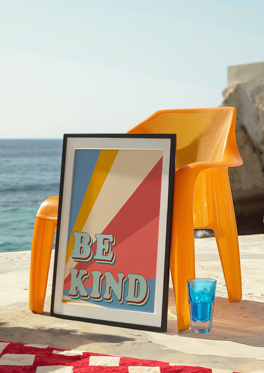 Retro Be Kind poster with colorful design and vintage typography, perfect for adding a positive message to your home decor. Vintage Be Kind poster with retro typography and colorful design, perfect for spreading positivity and kindness in your decor.