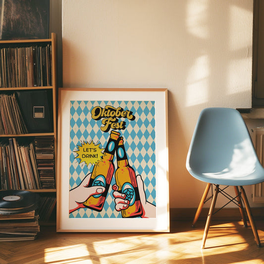 Vintage Oktoberfest poster featuring retro beer art with clinking beer bottles and a festive "Let's Drink!" message. Oktoberfest beer poster with vintage festival art featuring clinking beer bottles and a festive "Let's Drink!" message.