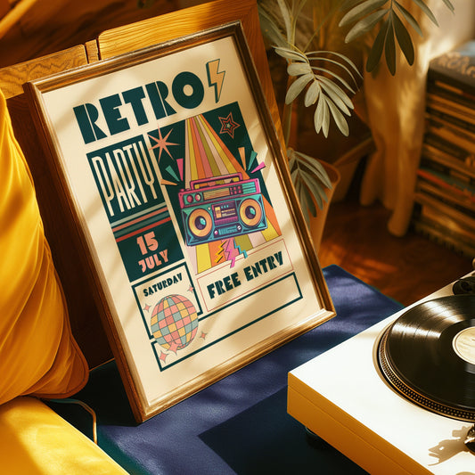 Vintage Retro Party poster with a colorful boombox, rainbow rays, and disco ball elements with "15 July" and "Free Entry" text.Vintage Retro Party poster with a colorful boombox