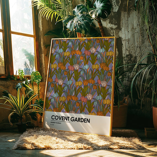 Vintage floral poster featuring colorful tulips and other flowers with &quot;Covent Garden&quot; text at the bottom.