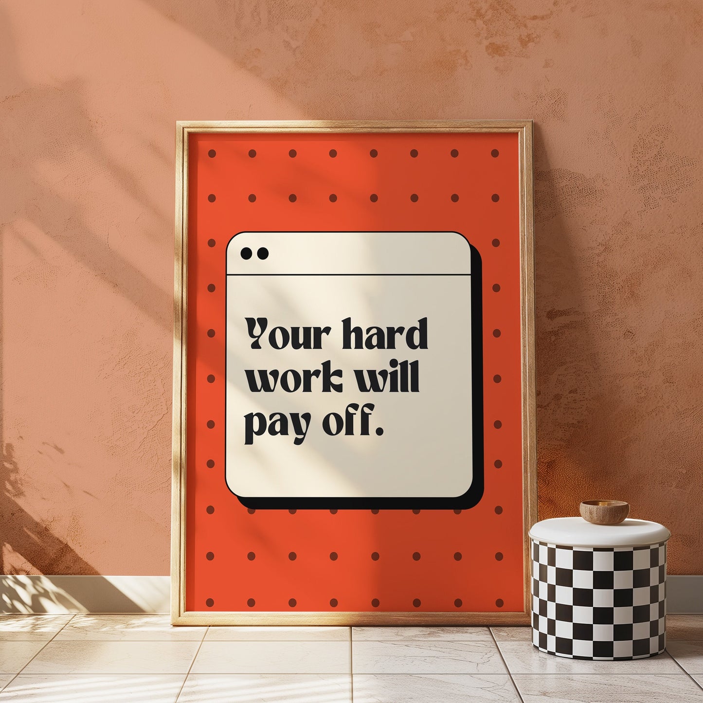 Poster featuring the motivational quote &quot;Your hard work will pay off&quot; with a vibrant red polka-dotted background. Poster with the quote &quot;Your hard work will pay off&quot; in bold text, with a vibrant red polka-dotted background.